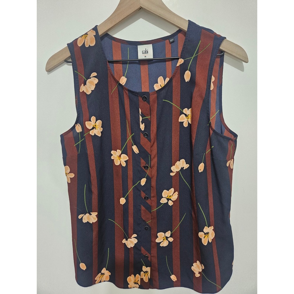 Cabi Navy Rust Stripe Yellow Floral Sleeveless Button Front Blouse M 3600